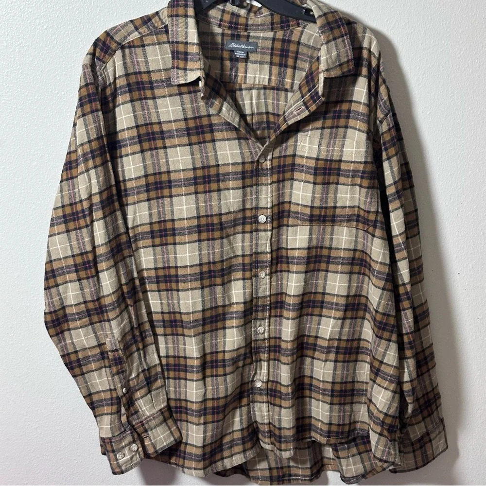 Eddie Bauer Men Brown Tan Plaid Button Down Flannel‎ Shirt Long Sleeve size XXL.
